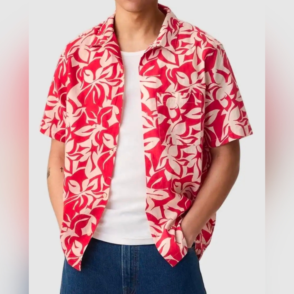 GAP Men's Large Floral Linen Hawaiian Shirt - Coral Red & Beige